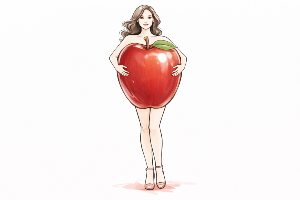 Stylised fashion illustration of an apple body type, showing a woman with an apple-shaped torso to represent a fuller midsection, broader bust, and slimmer legs.