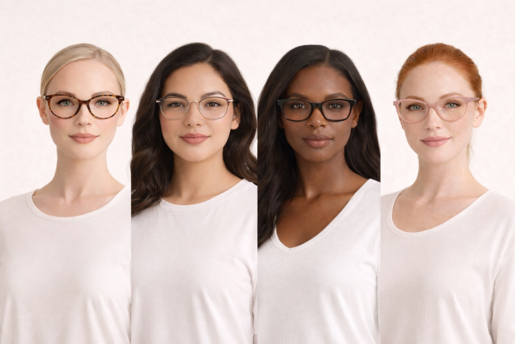 Different women wearing the best glasses styles for oval, round, square and heart shaped faces.