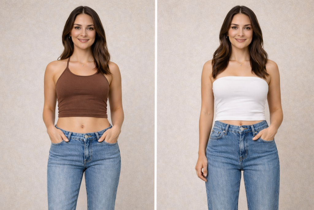Comparison showing best jean rise for short torso and long torso body proportions using low-rise and high-rise jeans.