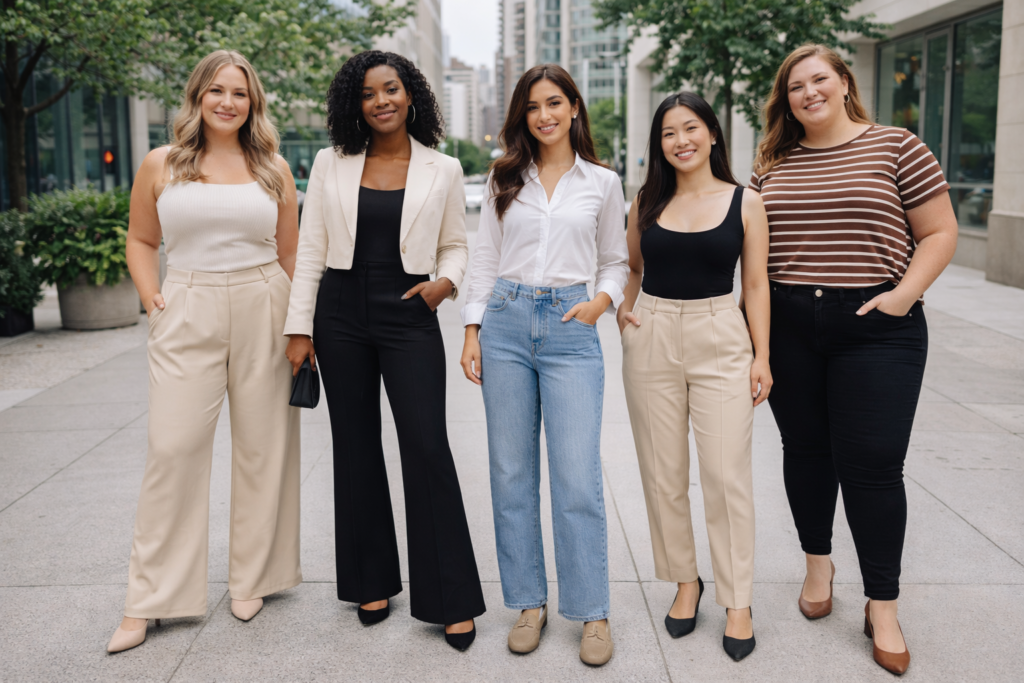 Women with different body types wearing the most flattering pant cuts including wide-leg, flare and straight-leg styles.
