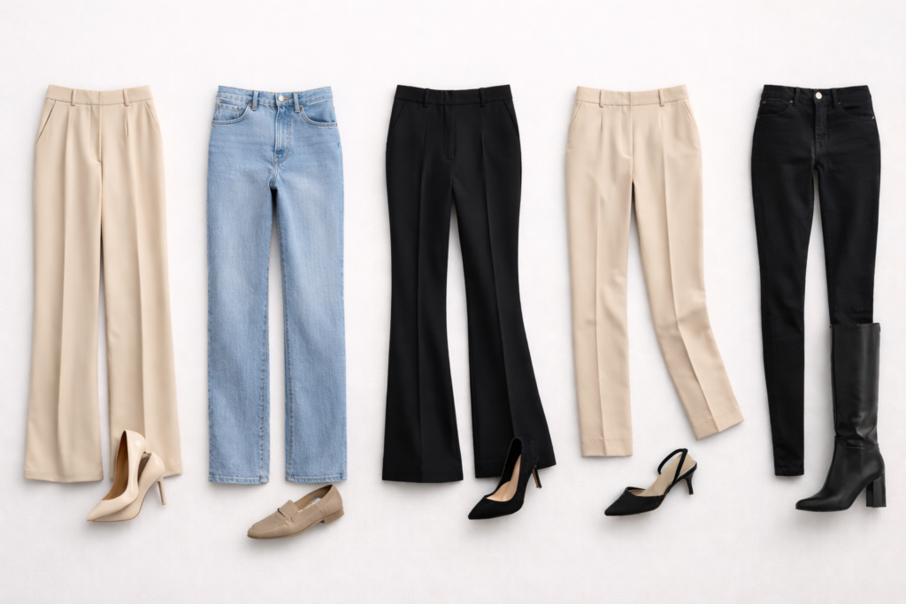 Comparison guide showing the best shoes to wear with wide-leg, straight-leg, flared, tapered and skinny pants for women.