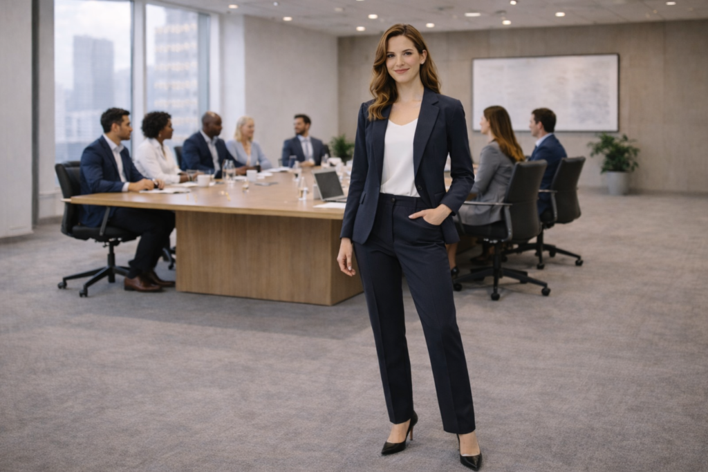 Business formal suit for women styled with a tailored blazer and trousers appropriate for a corporate boardroom meeting.