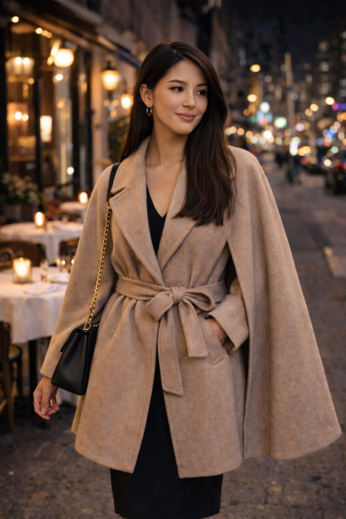 Cape coat for women designed as elegant statement outerwear for cool seasons