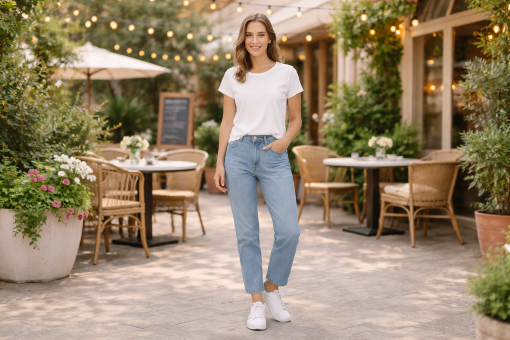 Woman wearing a casual brunch outfit with straight-leg jeans, white t-shirt and sneakers styled for a relaxed daytime dress code.
