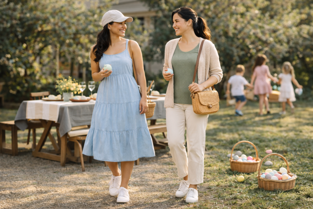 Casual Easter outfit ideas for family lunch or egg hunt featuring floral midi dress with sneakers and straight-leg jeans with cardigan.