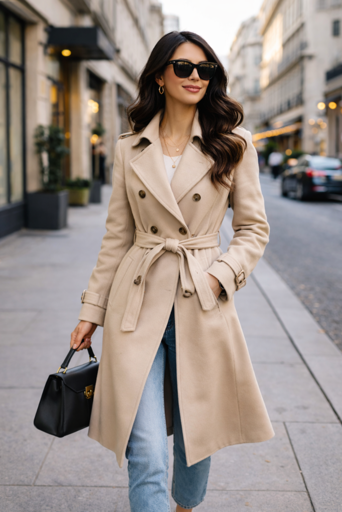 Classic beige trench coat for women styled with everyday outfits for spring and autumn