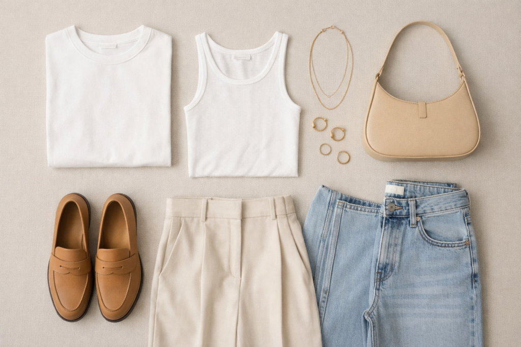 Clean girl aesthetic capsule wardrobe flat lay featuring white t-shirt, ribbed tank, tailored trousers, straight-leg jeans, loafers and gold jewellery in neutral tones.

