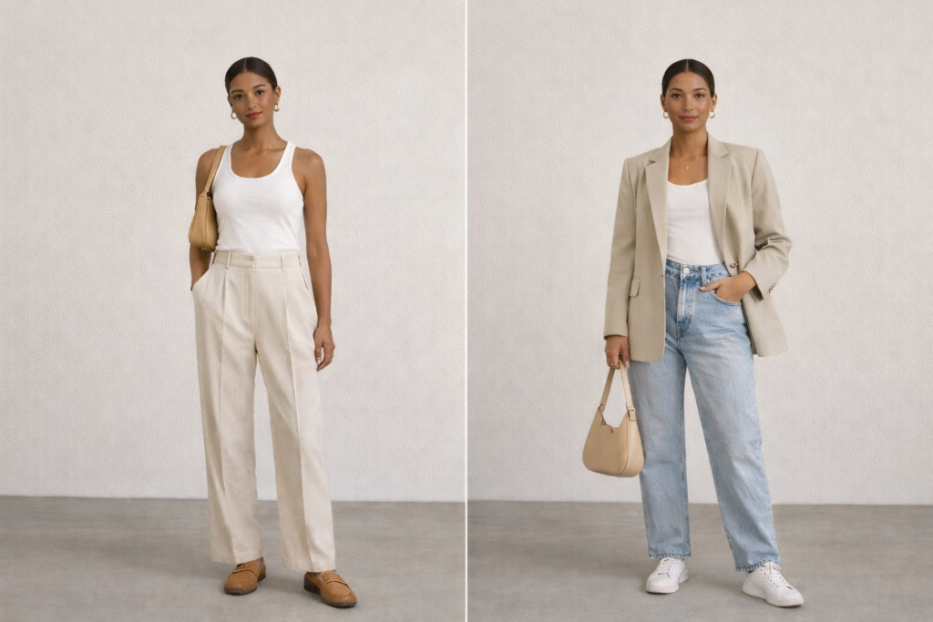 Clean girl aesthetic outfit formula featuring neutral blazer, white tank, tailored trousers and minimalist sneakers for everyday wear.
