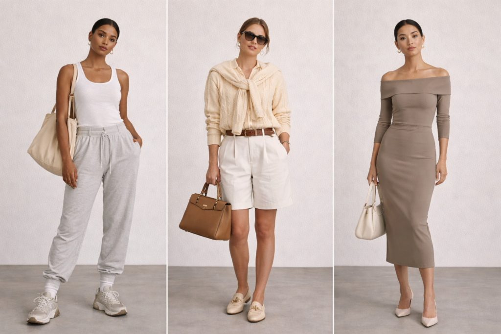 Style comparison showing clean girl aesthetic outfit next to old money and quiet luxury outfits in neutral tailored silhouettes.
