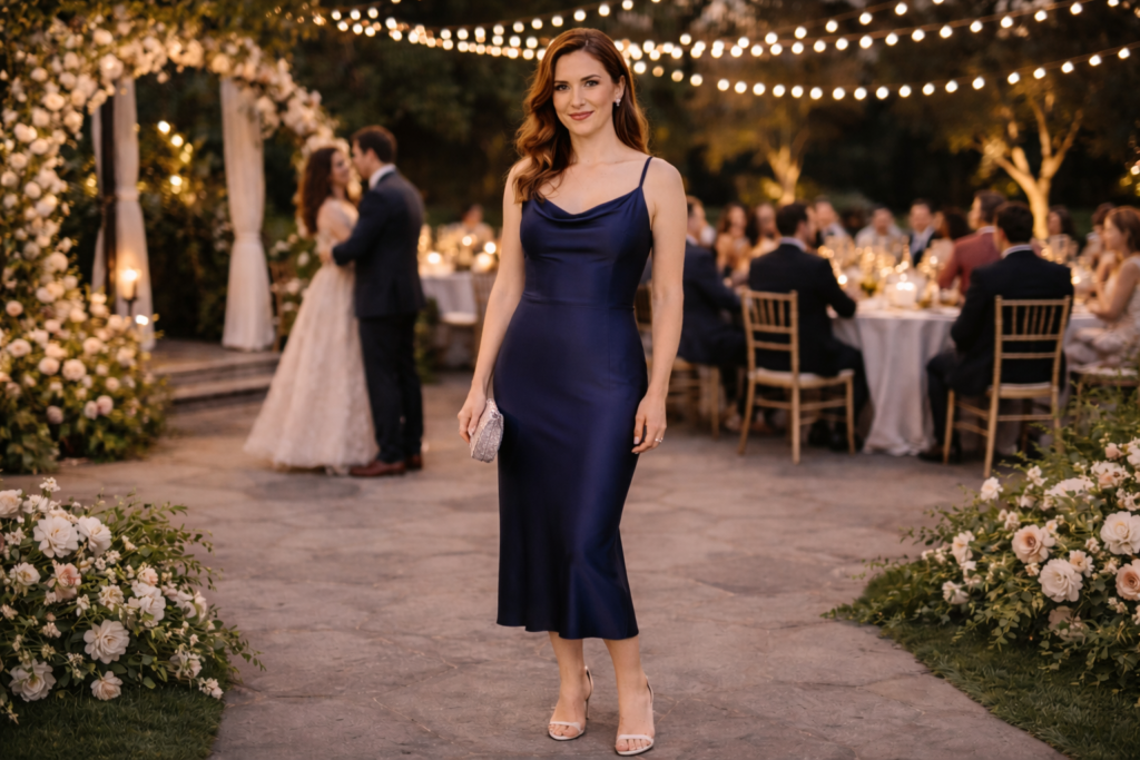 Cocktail engagement party outfit for women featuring an elegant midi dress and metallic heels.