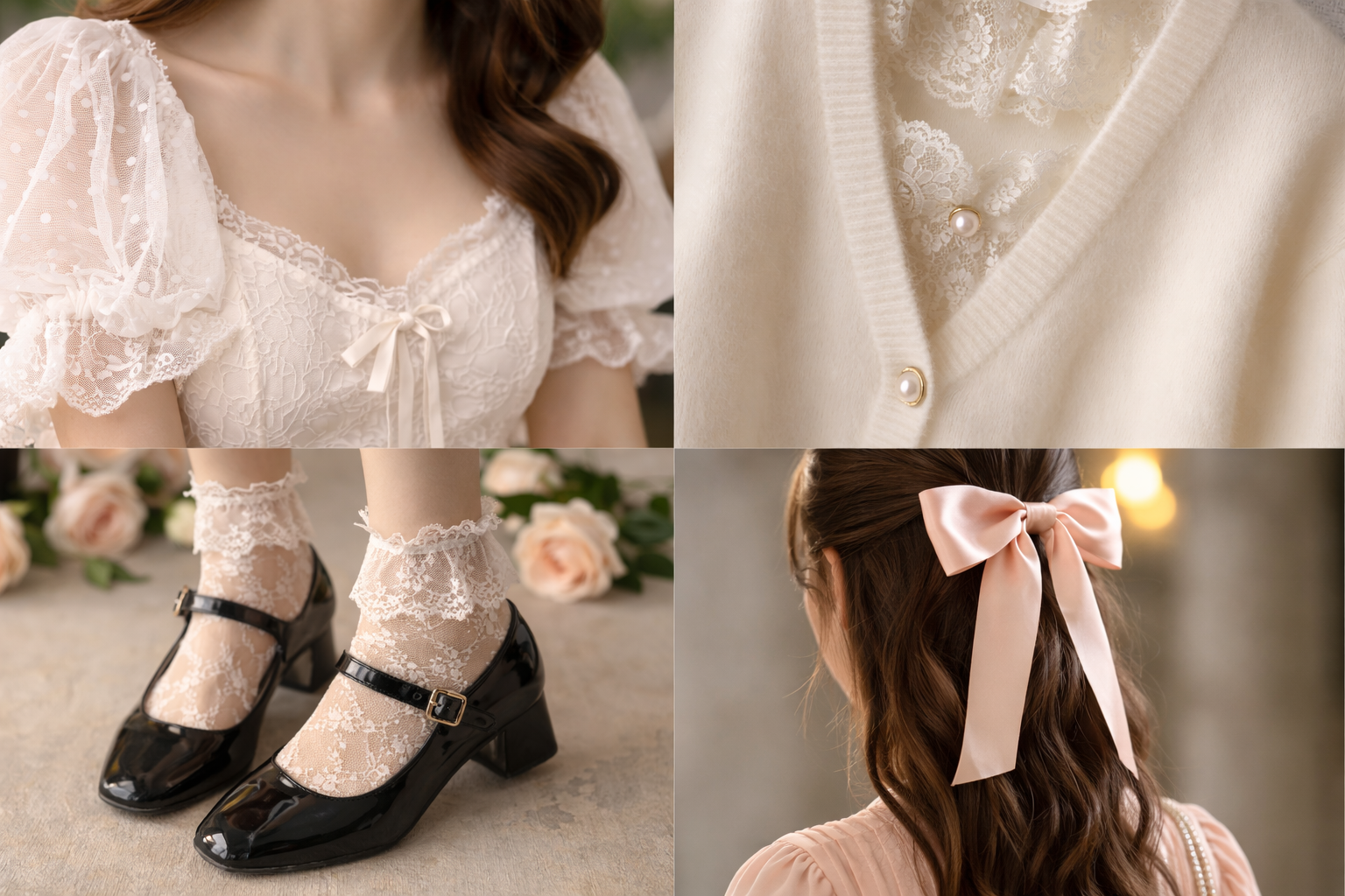 Collage featuring feminine fashion details including a lace puff-sleeve blouse with bow, cream cardigan with pearl buttons, lace ankle socks with Mary Jane heels, and a pink satin hair bow — showcasing soft romantic style accessories and outfit elements.