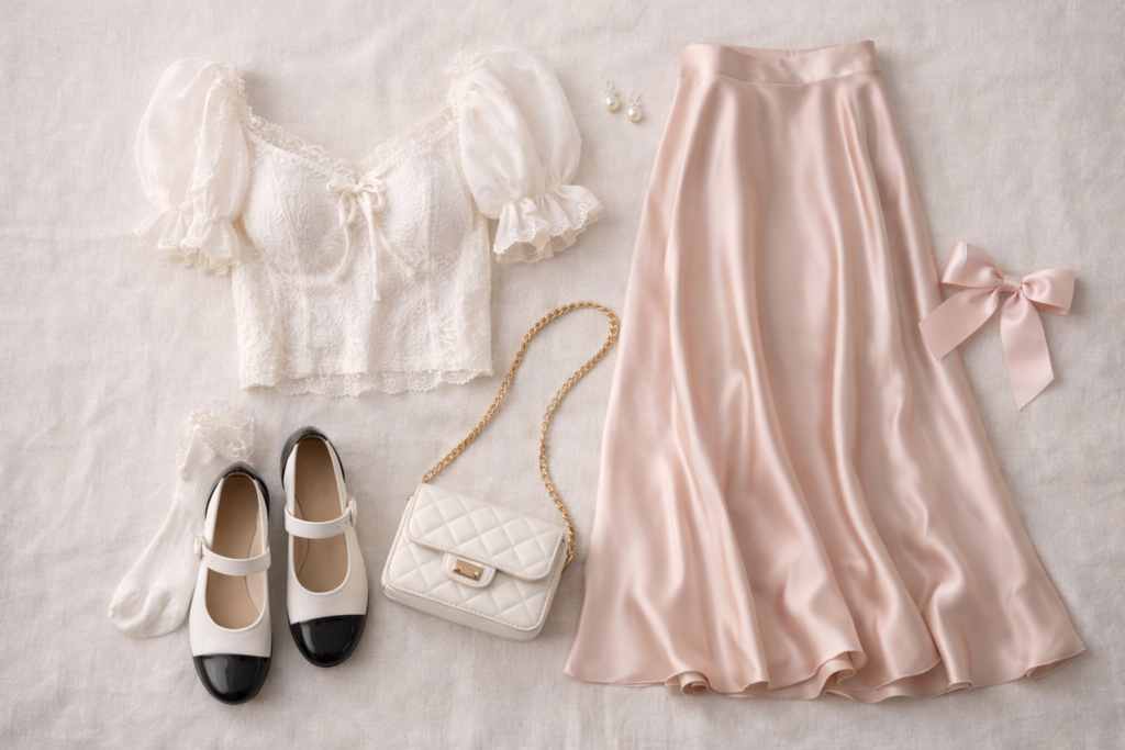 Coquette capsule wardrobe flat lay featuring a white puff sleeve blouse, satin midi skirt, Mary Janes, pearl earrings, mini shoulder bag, and ribbon hair accessory arranged on a neutral background.