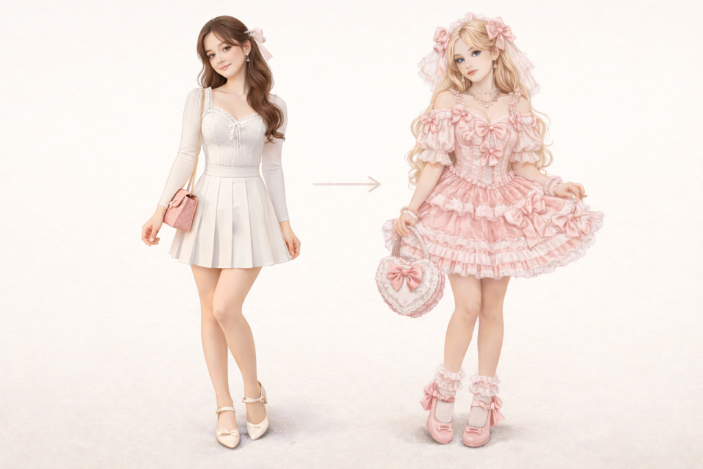 Comparison image showing an elegant, balanced coquette outfit with structured feminine details next to an overly frilly pink outfit demonstrating common coquette styling mistakes.