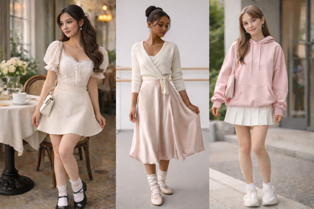 Side-by-side comparison of coquette, balletcore, and soft girl aesthetics showing lace blouse and mini skirt for coquette, wrap cardigan and satin skirt for balletcore, and pastel hoodie with tennis skirt and sneakers for soft girl style.