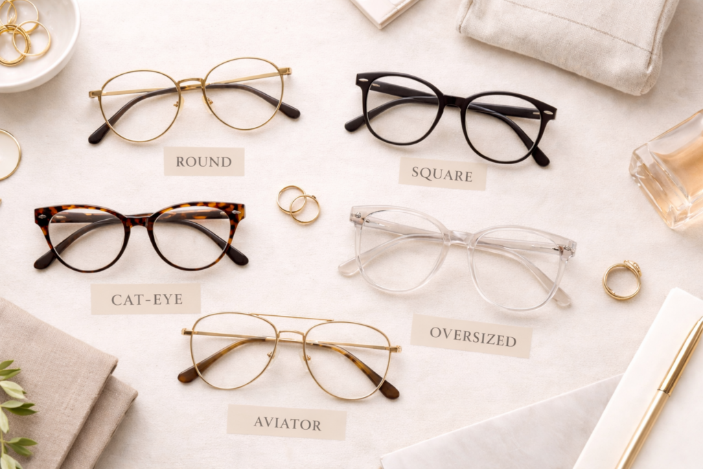 Flat lay of different glasses frame shapes including round, square, cat eye and rectangular styles.
