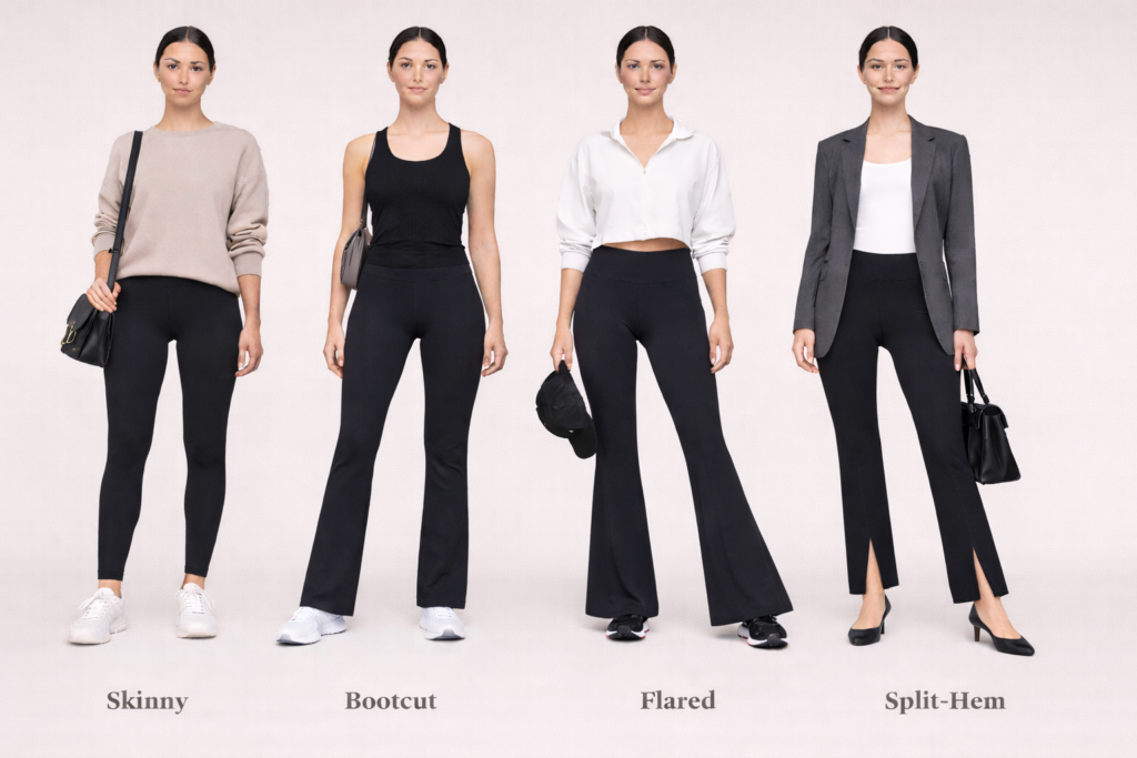 Side-by-side comparison of skinny, bootcut, flared and split-hem leggings showing different legging styles.