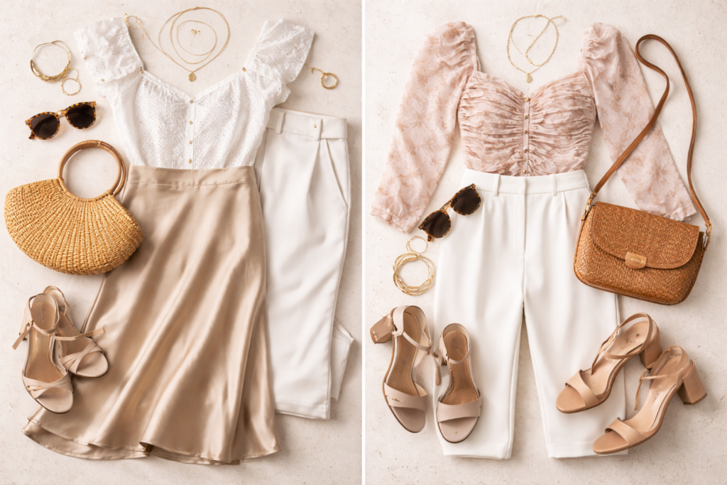 Flat lay or styled model featuring a satin midi skirt, white trousers option, statement blouse, woven bag, sunglasses and gold jewellery.