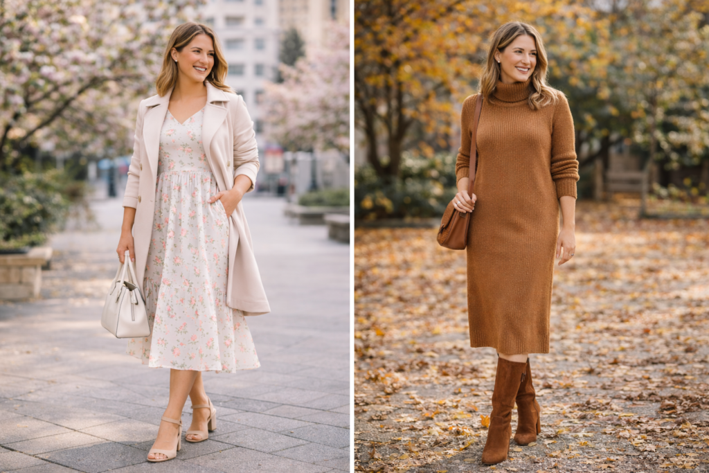 Easter outfits for different climates showing spring pastel dress with trench coat and autumn knit dress with boots.