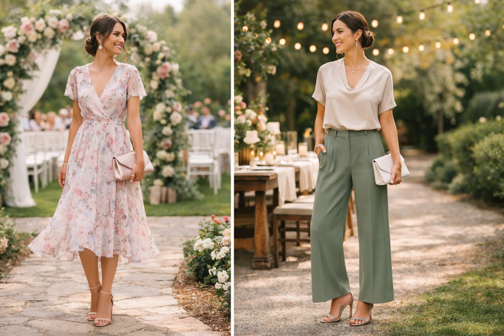 Two women wearing elegant Easter wedding guest outfits at a spring garden ceremony, featuring a pastel floral midi dress and tailored wide-leg trousers with satin blouse.