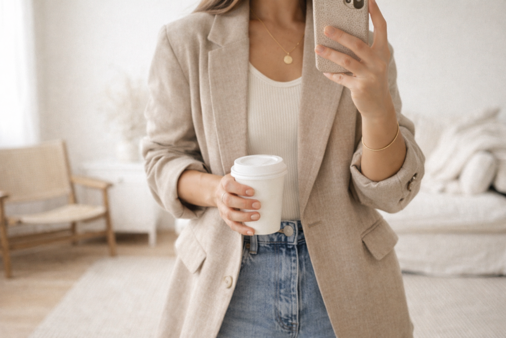 Close-up lifestyle shot of a woman wearing a neutral blazer and jeans, holding a coffee while taking a mirror photo in soft natural light.