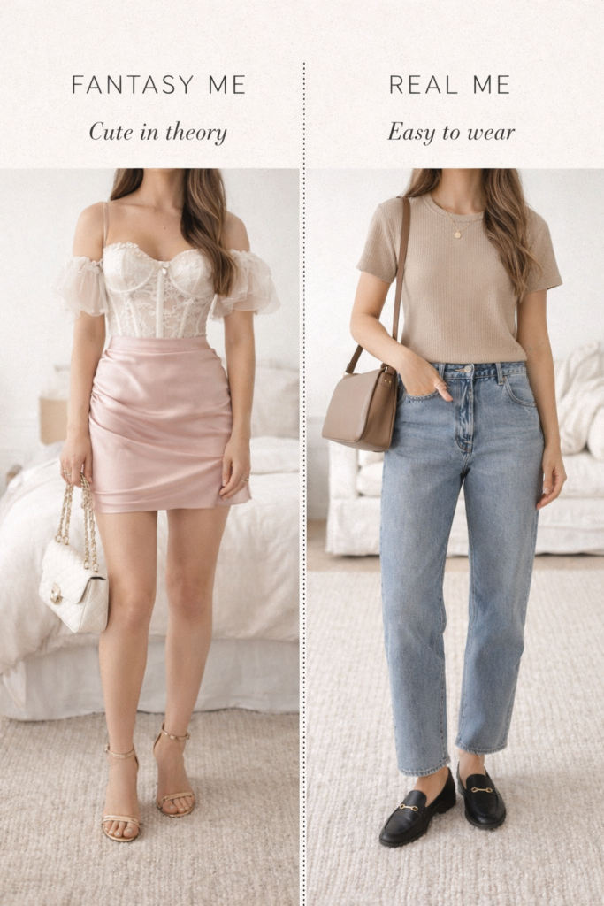 Side-by-side comparison of a fantasy outfit and a real-life outfit, showing the difference between aspirational style and everyday wearable clothing.