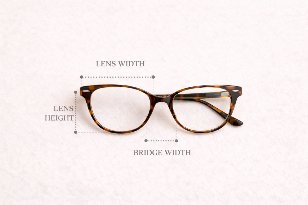 Diagram showing glasses measurements including lens width, lens height and bridge width on tortoiseshell eyeglass frames.