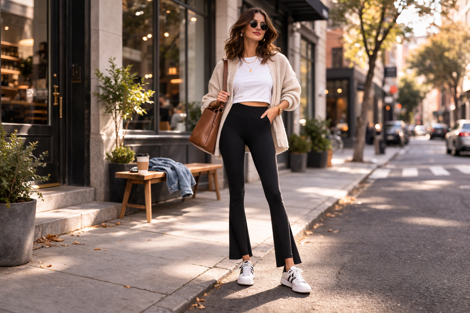 Woman wearing high-rise flared black leggings styled with a cropped tee, oversized cardigan and sneakers in a polished everyday street-style outfit.