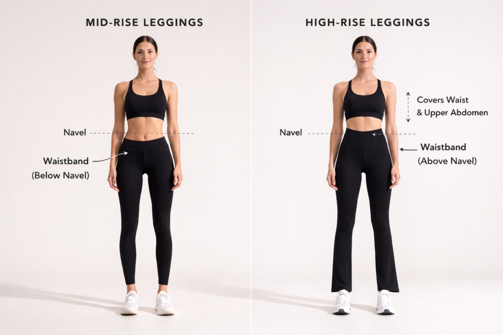 High-rise vs mid-rise leggings comparison showing difference in waistband placement and fit.