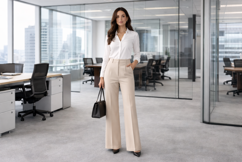 Woman styling high-waisted wide-leg pants with a fitted top and heels for a business professional office outfit.