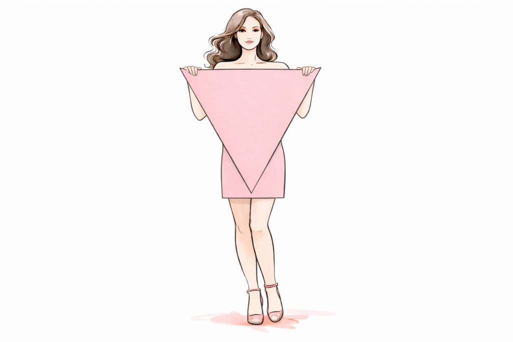 Editorial-style fashion illustration of an inverted triangle body type, using a soft triangular shape over the torso to highlight broader shoulders and a narrower lower body.
