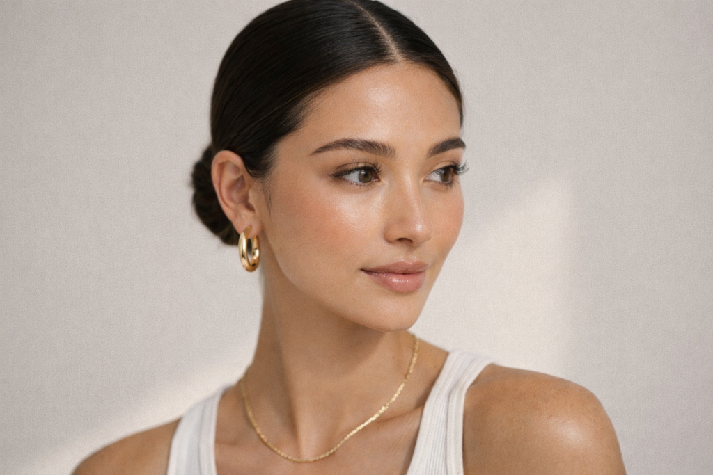 Close-up of clean girl makeup look with dewy skin, brushed brows, nude lip gloss and sleek low bun hairstyle.