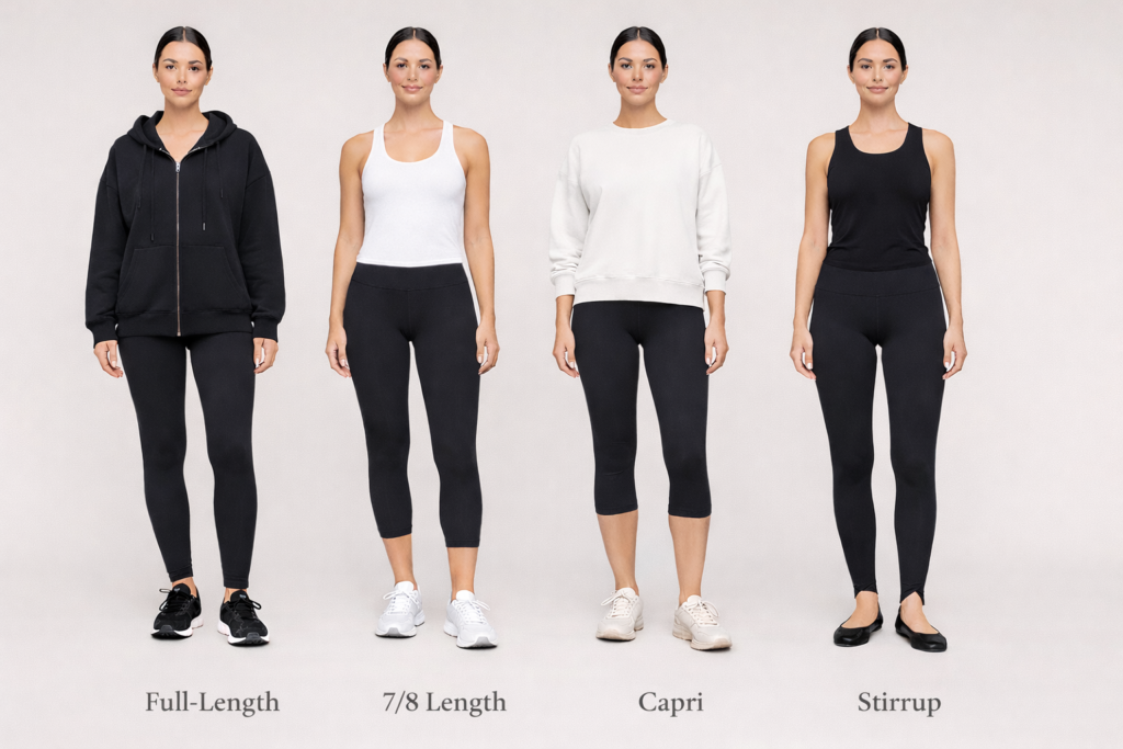 Comparison of full-length, 7/8, capri and stirrup leggings showing the different legging lengths on women.
