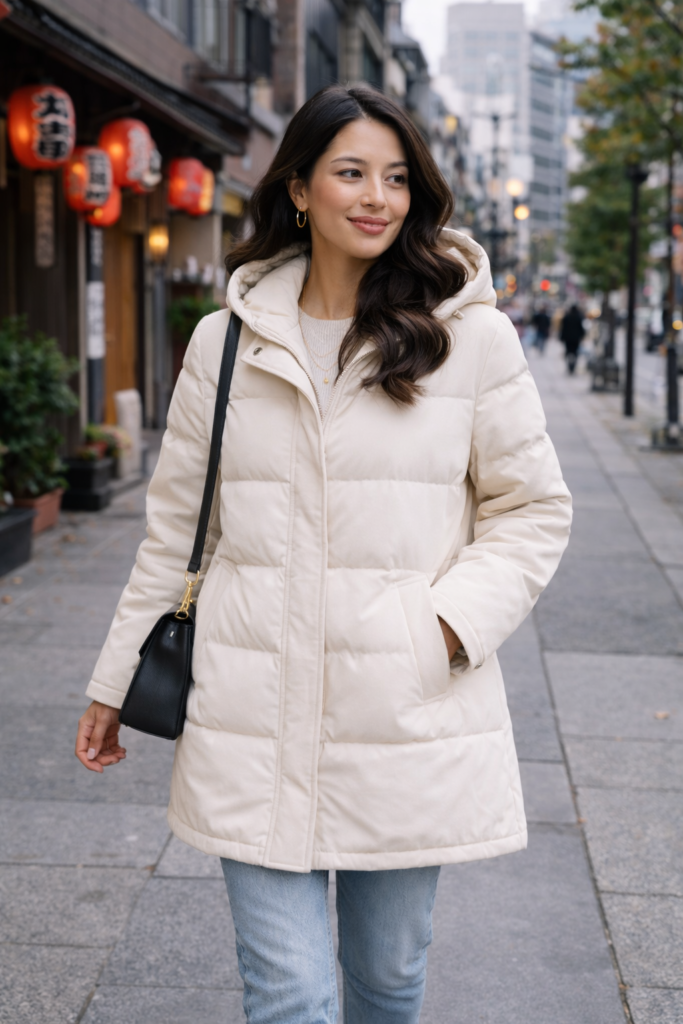 Long puffer coat for women designed for warmth during cold winter months