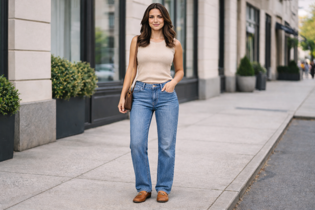 Mid-rise straight-leg jeans styled with knit top and loafers for a comfortable everyday outfit.