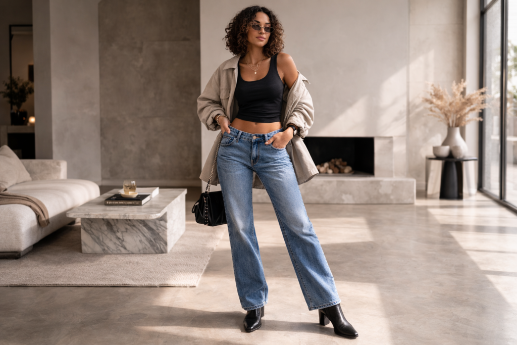 Woman wearing modern low-rise straight-leg jeans styled with a fitted tank and oversized blazer for a contemporary 2026 look.
