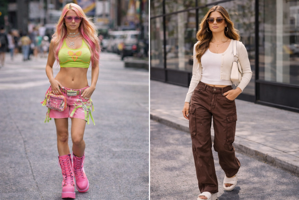 Comparison of original 2000s Y2K fashion and modern 2026 Y2K capsule wardrobe styling with refined silhouettes.