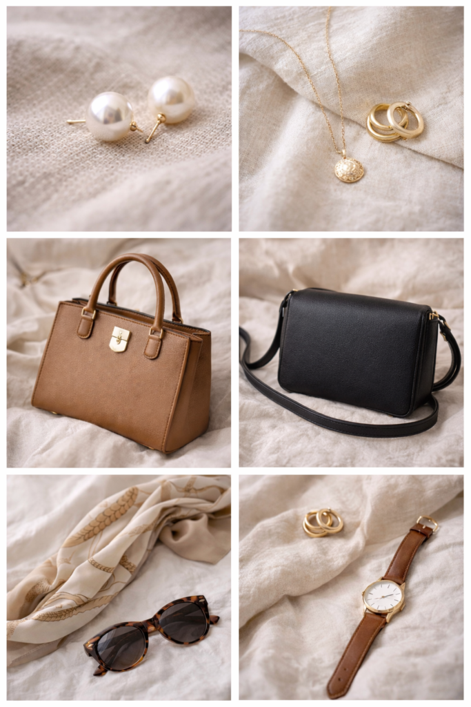 Close-up of old money aesthetic accessories including pearl earrings, gold hoops, structured leather bag, silk scarf, and minimalist watch on neutral fabric background.
