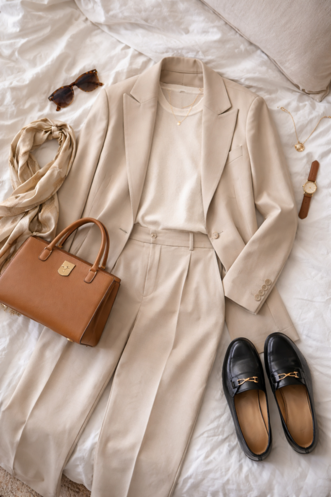 Neutral old money capsule wardrobe flat lay featuring tailored blazer, white button-down shirt, knit sweater, trousers, trench coat, loafers, and structured leather handbag.