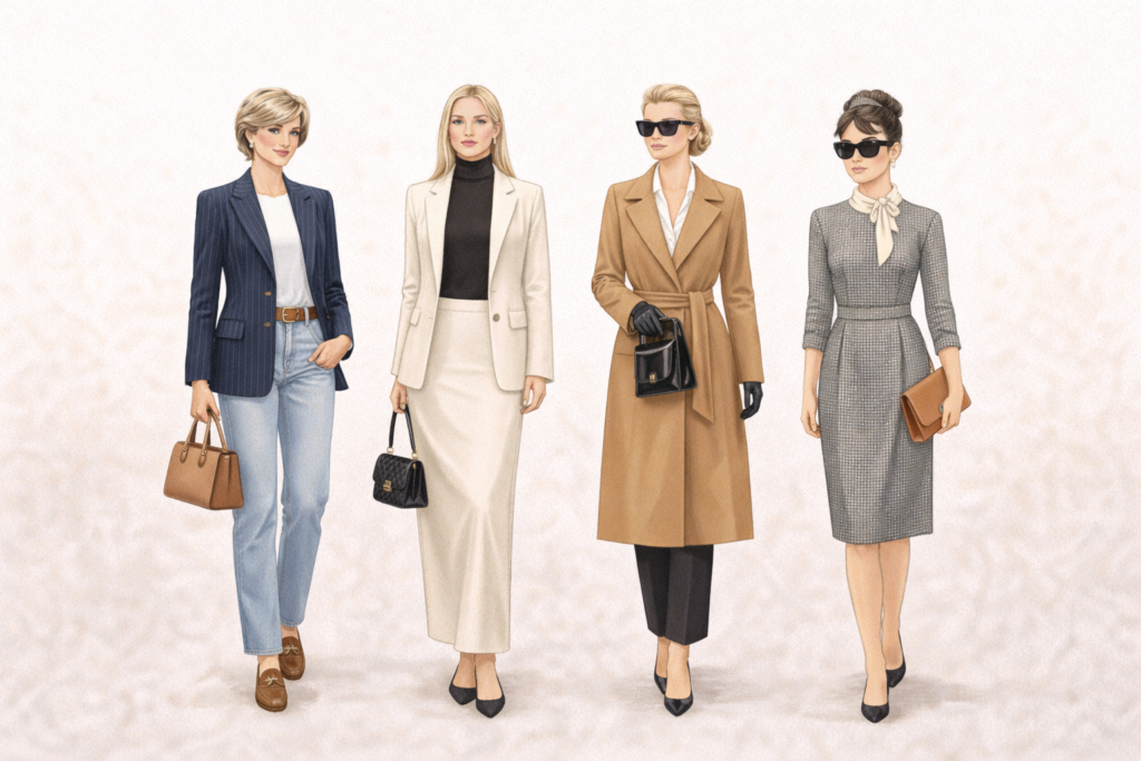 Illustrated collage of women styled in classic old money aesthetic outfits inspired by timeless celebrity fashion icons and refined neutral tailoring.