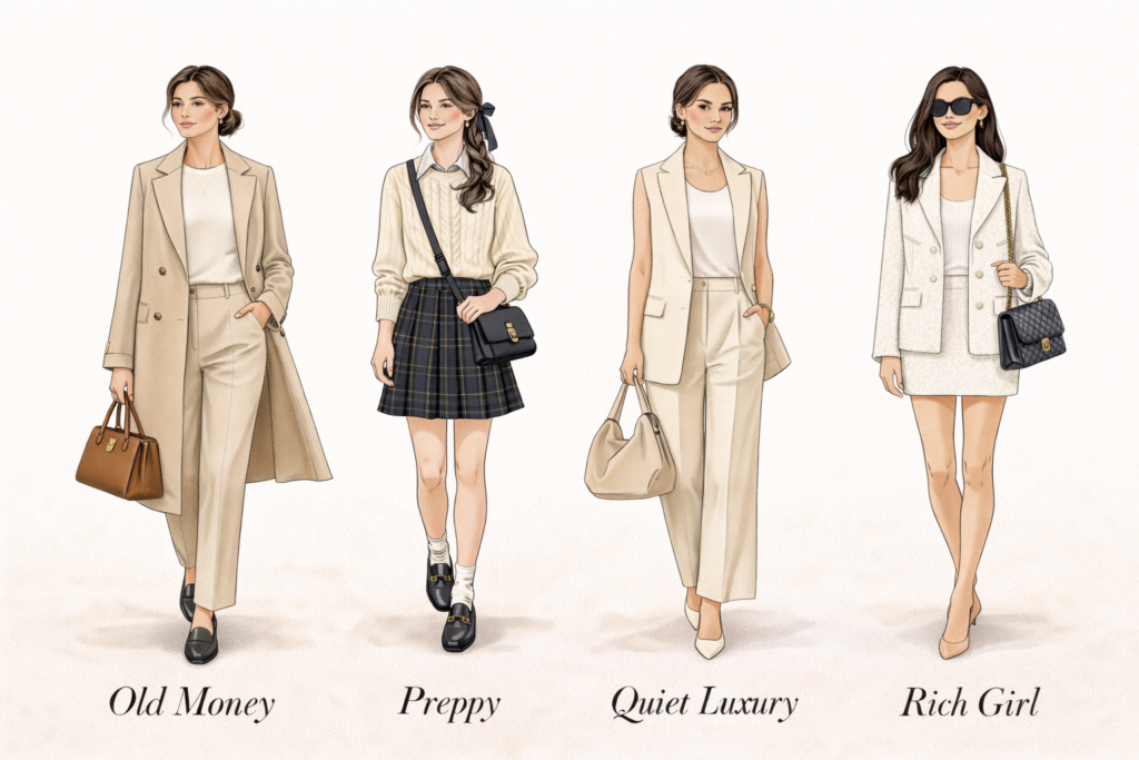 Side-by-side fashion comparison of old money aesthetic, preppy style, rich girl aesthetic, and quiet luxury outfits on women wearing distinct classic and modern silhouettes.