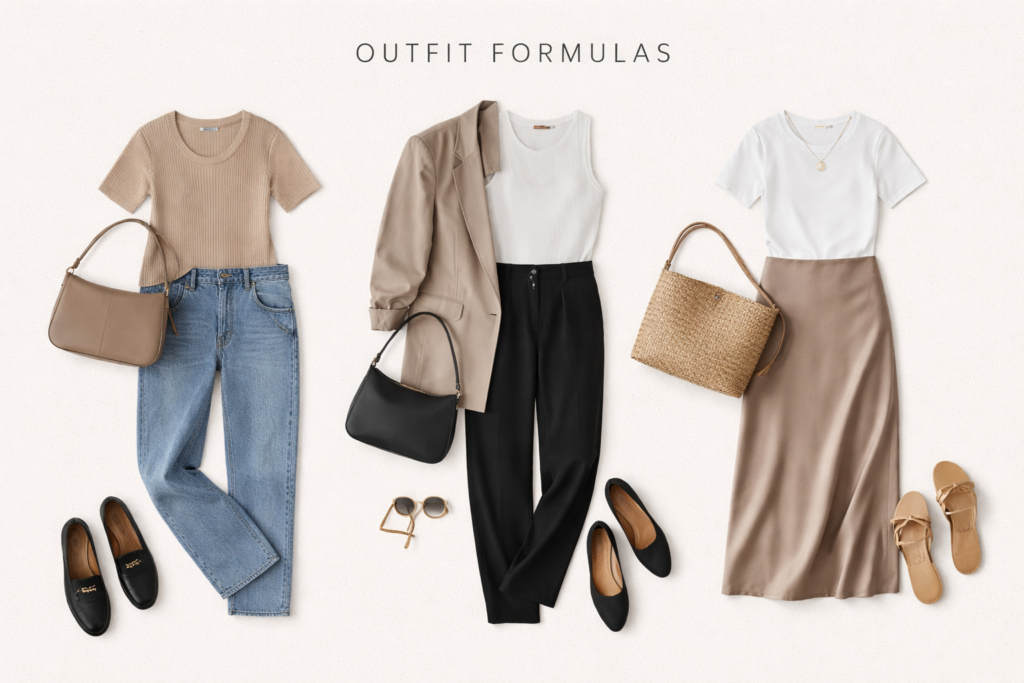 Three neutral outfit formulas displayed as flat lays, showing easy everyday combinations with jeans, blazers, skirts, and minimalist accessories.