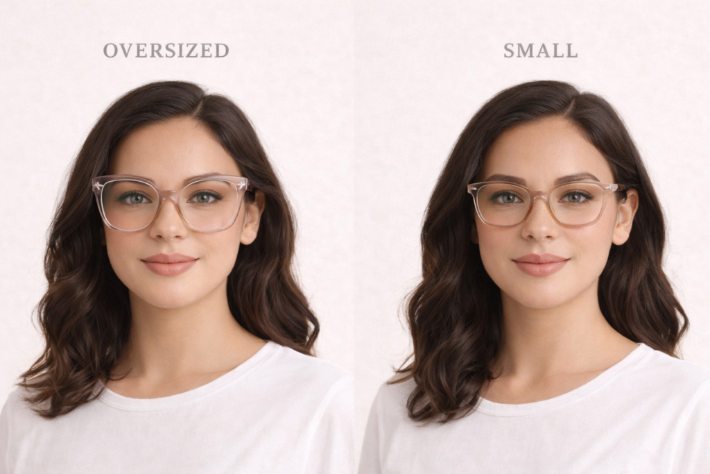 Comparison of oversized and small glasses frames on different face shapes.