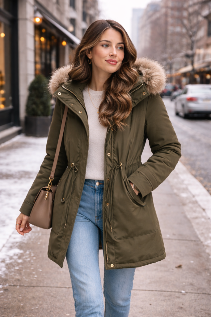 Hooded parka coat for women suitable for cold, windy and wet winter climates