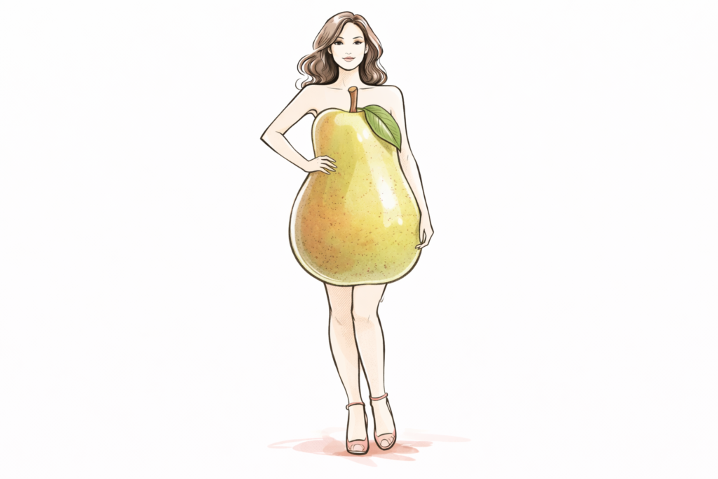 Artistic fashion illustration of a pear body type, featuring a woman with a pear-shaped torso that begins at the bust and tapers near the thighs to represent wider hips and a narrower upper body.