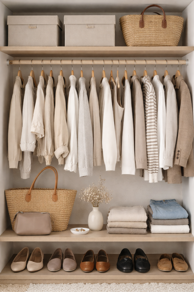 A realistic open wardrobe with neutral clothing, folded knits, everyday shoes, and accessories arranged in a calm but lived-in way.