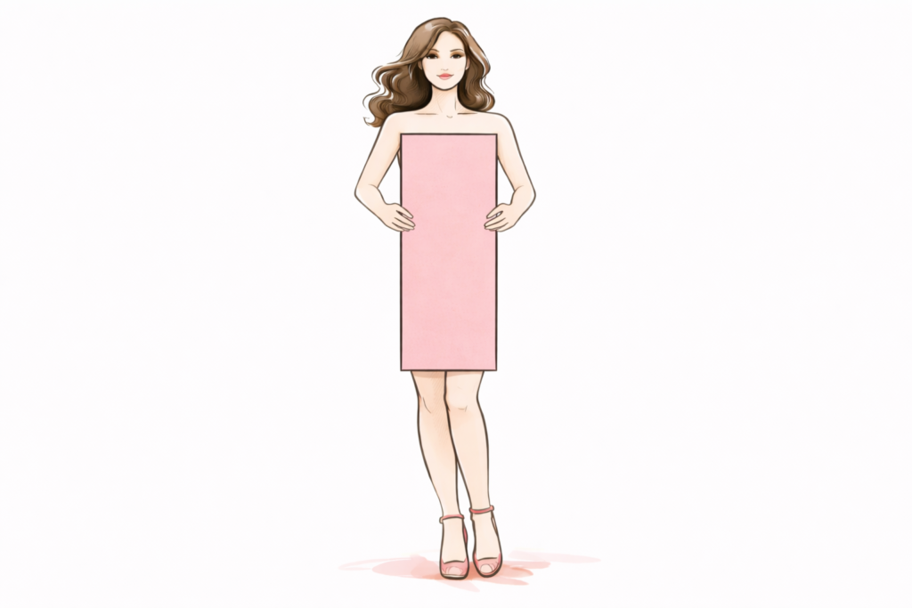 Minimalist fashion illustration of a rectangle body type, depicted with a slim rectangular shape over the torso to illustrate straight proportions with minimal waist definition.