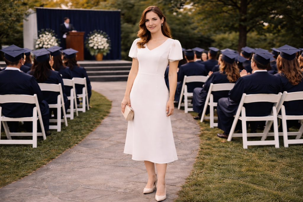 Women’s semi-formal graduation ceremony outfit styled with a refined midi dress and delicate jewellery.