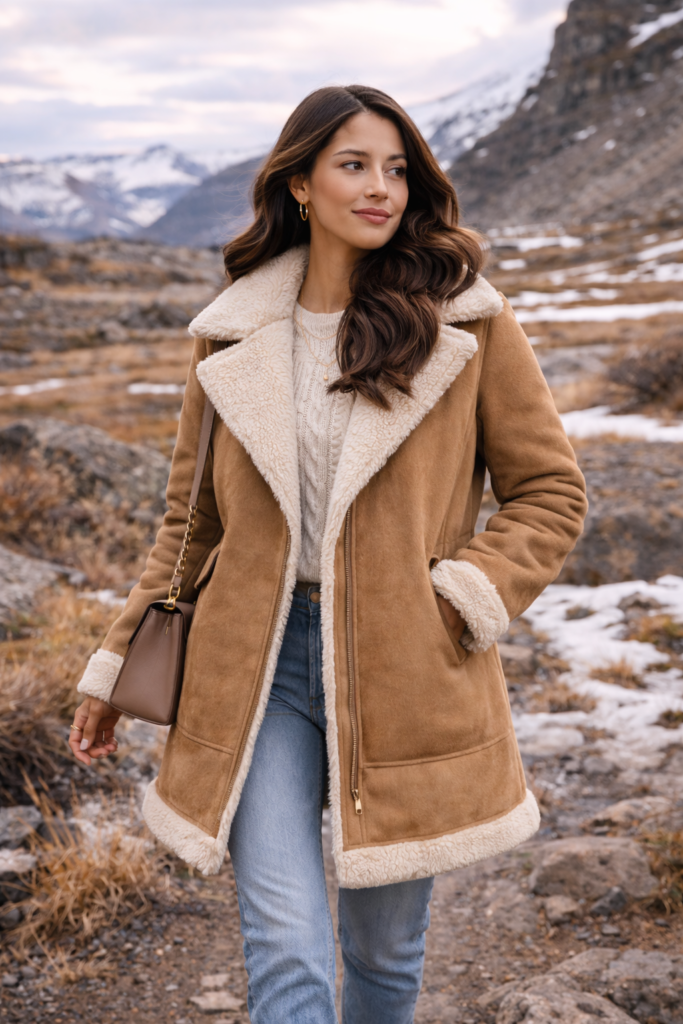Shearling coat for women featuring a warm lining and casual winter style