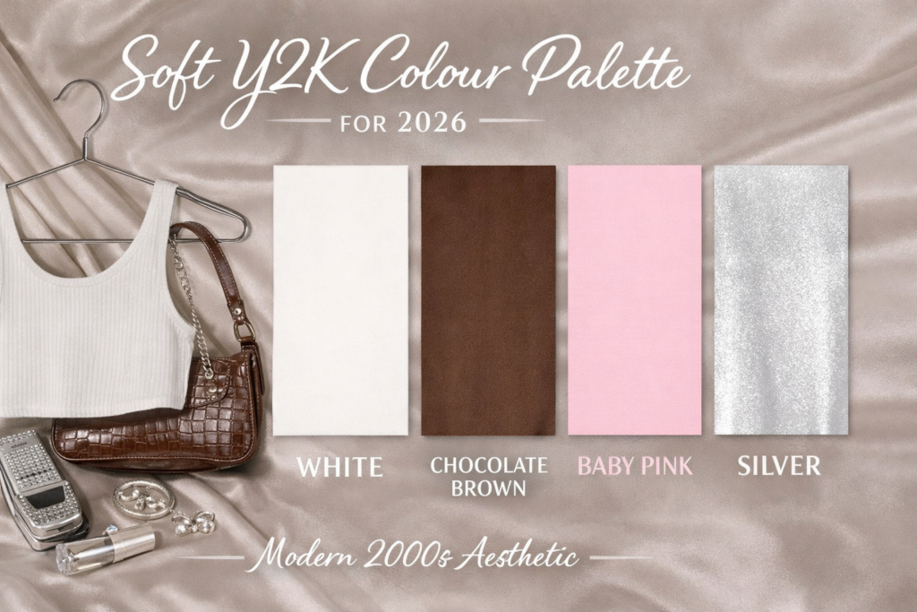 Soft Y2K colour palette for 2026 featuring white, chocolate brown, baby pink and silver tones for a modern 2000s aesthetic.