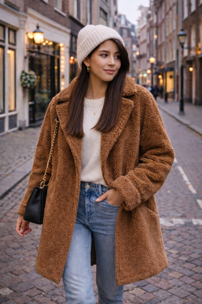 Teddy coat for women offering a cozy and casual winter outfit option